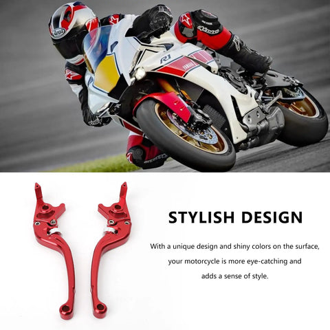 Racing motorcycle with red CNC aluminum brake lever, Adjustable CNC Aluminum Brake Lever For Motorcycles Scooters And Electric Bikes Twenty Two Millimeter Clamp Seven Eighths Inch Front And Rear Disc Red Durable Aluminum Alloy Easy Grip Precision Fit.