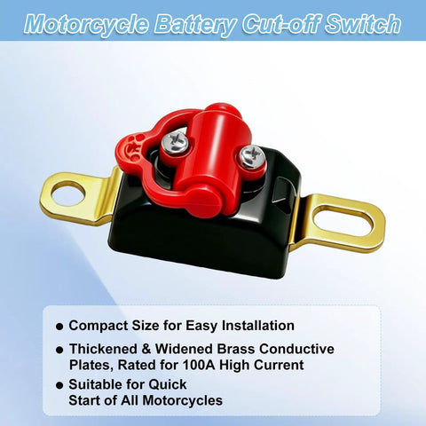 Heavy Duty Pure Copper Motorcycle Battery Cut Off Switch With 100A Breaker isolated with brass connectors and red knob for motorcycles.