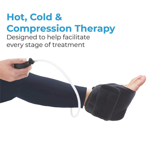 Person using Hot And Cold Ankle Brace With Air Compression Gel Ice Pack For Ankle Pain Achilles Tendonitis Bursitis