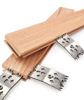 Six Piece Pro Grade Slab Clamping Dogs Set for Workbenches with metal clamps and wooden slabs for carpentry projects