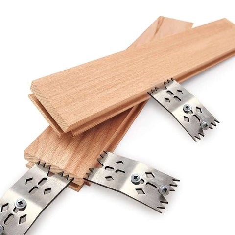 Six Piece Pro Grade Slab Clamping Dogs Set for Workbenches with metal clamps and wooden slabs for carpentry projects