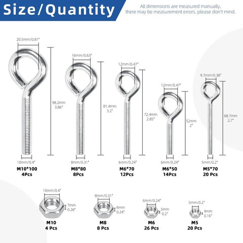Heavy Duty Stainless Steel Eye Bolt And Nut Kit With Five Sizes Welded Closed Eye Screws For Indoor And Outdoor Hanging 116 Pieces With Nuts DIY Rigging And Ceiling Or Deck Hangers, size chart