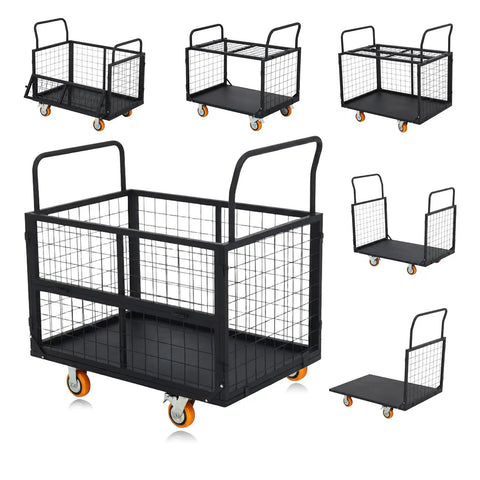 Premium Foldable Platform Truck Cart For Stress Free Living Room Moves Rock Solid Collapsible Utility Dolly on wheels in various angles.