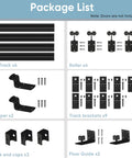 Package contents of 16 Foot Heavy Duty Box Rail Exterior Barn Door Hardware Kit For Two Doors Outdoor Sliding System Weather Resistant Anti Corrosion Finish Ideal For Sheds Stables Garages And Outdoor Barns Black 450 Pound Capacity Per Door, showing tracks, rollers, stoppers, brackets, caps, and guide.
