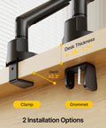 Slick Aluminum Monitor Arm Desk Mount For 17 To 40 Inch Screens Hella Stable Full Motion VESA Bracket with clamp installation detail.