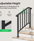 Adjustable height feature of Heavy Duty Three Step Wrought Iron Handrail With Curved Metal Balusters In Matte Black Finish.