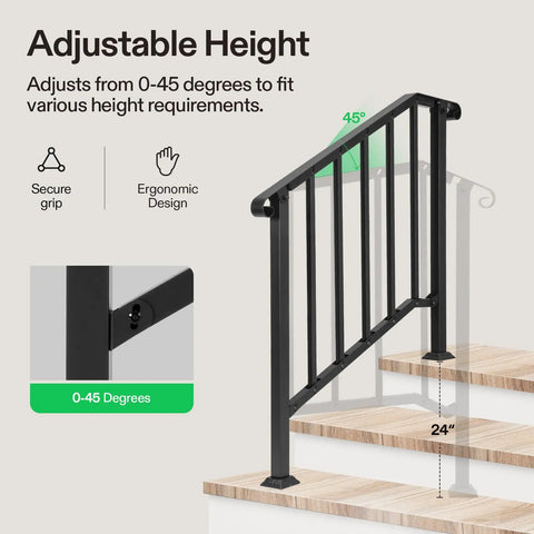 Adjustable height feature of Heavy Duty Three Step Wrought Iron Handrail With Curved Metal Balusters In Matte Black Finish.