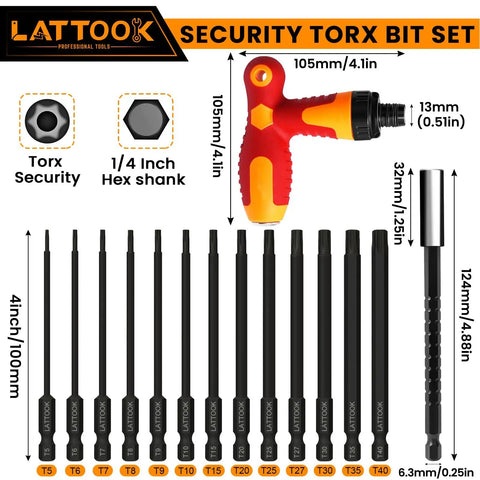 Premium Security Torx Bit Set With T Handle Ratchet Driver Forged From Industrial S2 Steel, 14-piece set with bits and handle