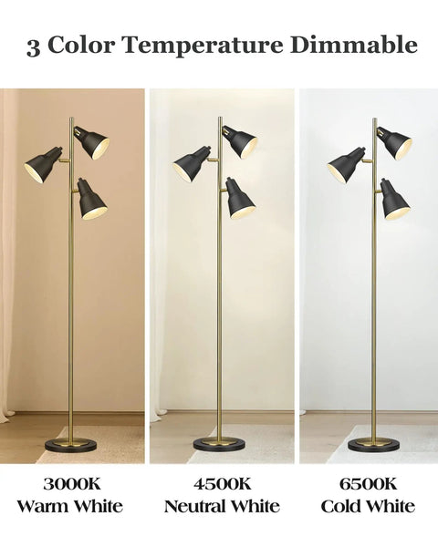 Dope Gold Tree Floor Lamp With Three Adjustable Rotating Lights showing dimmable color temperatures: warm, neutral, cold white.