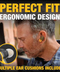 Man wearing Jobsite Pro X2 True Wireless Earbuds With Active Noise Canceling, Glove Friendly Dial Control, ergonomic fit displayed