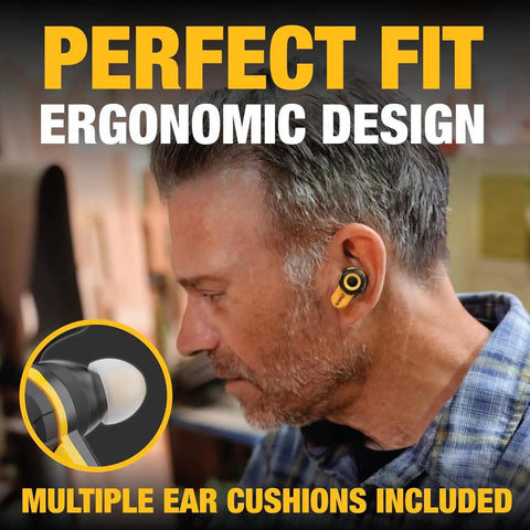Man wearing Jobsite Pro X2 True Wireless Earbuds With Active Noise Canceling, Glove Friendly Dial Control, ergonomic fit displayed