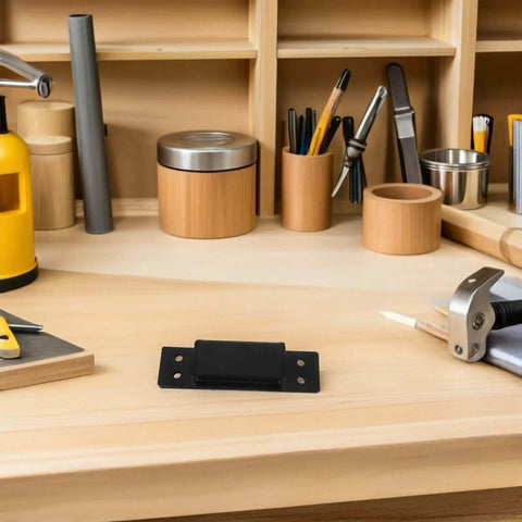 Concealed Hidden Interior Door Hinge Black 5 Inch adjustable heavy duty invisible bookcase hinge on a wooden workbench with tools.
