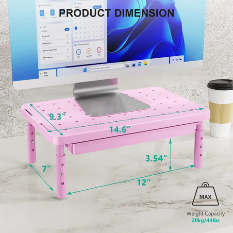 Pink Monitor Stand With Storage, Desk Riser And Laptop Elevation, 3 Height Adjustable Levels, Airflow Vents, Non Slip Feet