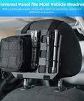 Black ABS Beefy Car Headrest MOLLE Panel Organizer with Quick Install Webbing Tactical Seat Back Gear Rack mounted on headrest.