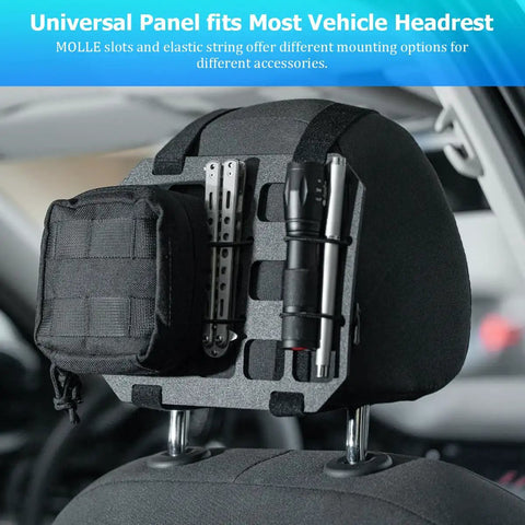 Black ABS Beefy Car Headrest MOLLE Panel Organizer with Quick Install Webbing Tactical Seat Back Gear Rack mounted on headrest.