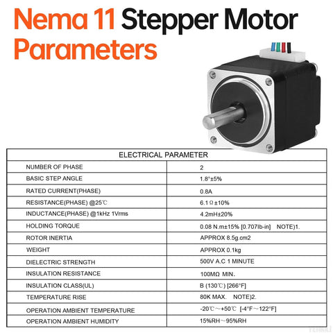 Nema 11 Stepper Motor 1.8 Degree 2 Phase High Torque 8Ncm Bipolar with specifications table shown on right