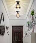 Hallway with Vintage Industrial Black Metal Cage Ceiling Light Semi Flush Mount Fixture For Hallways Porches Stairways