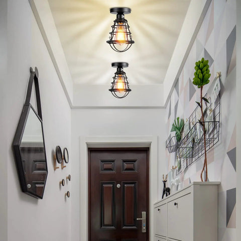Hallway with Vintage Industrial Black Metal Cage Ceiling Light Semi Flush Mount Fixture For Hallways Porches Stairways