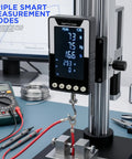 Six Way Testing Kit Digital 1000N Force Gauge With USB C Data Output N Kg Lb Units Push Pull Gauge For Tension And Compression Testing Battery Powered Includes Four Compression Platters Tension Hook And Extension Shaft. Digital force gauge on testing stand showing peak readings