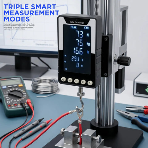 Six Way Testing Kit Digital 1000N Force Gauge With USB C Data Output N Kg Lb Units Push Pull Gauge For Tension And Compression Testing Battery Powered Includes Four Compression Platters Tension Hook And Extension Shaft. Digital force gauge on testing stand showing peak readings
