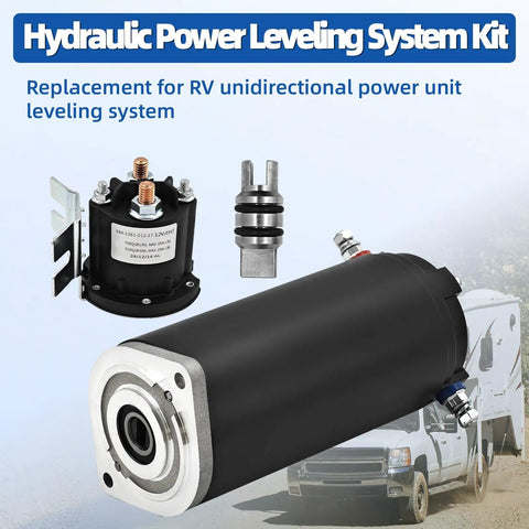 Hydraulic Pump Motor Kit For Unidirectional RV Leveling System Ready To Roll Seven Point Five Inch Height in packaging
