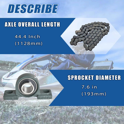 Beefed-Up Rear Axle Kit For Go Karts And ATVs 44 Inch Assembly shown with sprocket and pillow block details
