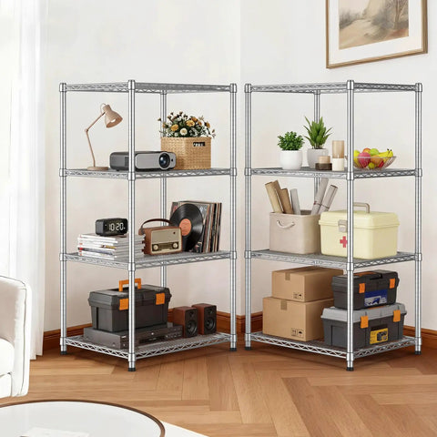 Beefy 4 Tier Wire Shelving Unit With 24 Inch Depth For Kitchen Garage Or Pantry Storage, Steel Shelves Support Up To 550 Lbs Each, Total 2200 Lbs Capacity, Adjustable Racking, 24 X 30 X 59 Inches displaying organized household items against a wall