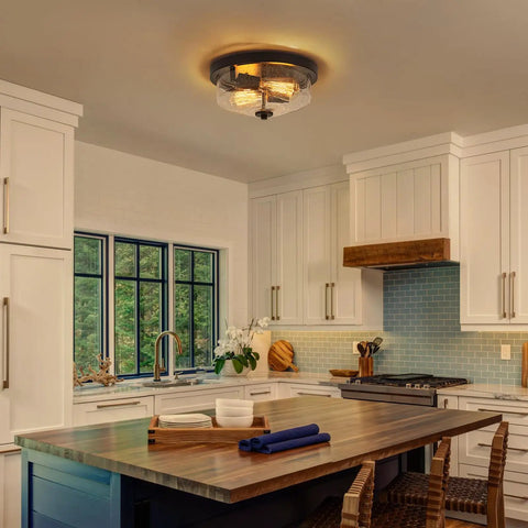 Black Flush Mount Ceiling Light Two Light Farmhouse Outdoor Porch Fixture With Seeded Glass Shade in kitchen