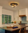 Brushed Nickel Two Light Flush Mount Ceiling Fixture With Seeded Glass Shade for Indoor Outdoor Use in kitchen setting