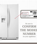 Front view of GE refrigerator with focus on model and serial number label, necessary to confirm for Refrigerator Evaporator Fan Motor Replacement From GE With 1 Year Warranty WR60X25858 PS12727431 AP6891698 Quiet Fridge Repair Part Easy Install Compatible With CWE23SP3MCD1 CWE23SP2MCS1 CWE23SP4MCW2.