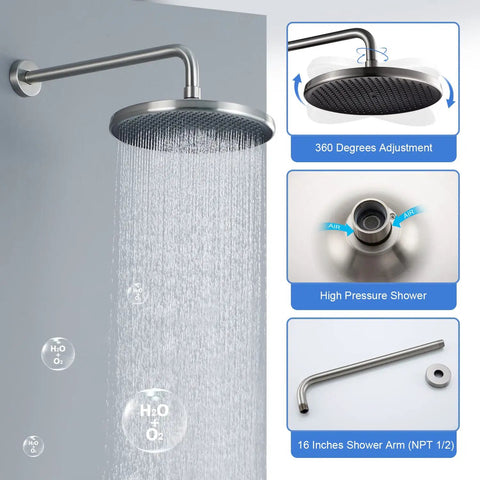 Dope 10 Inch Rain Shower Head Combo System With Wall Mounted Brushed Nickel Finish, showing rainfall and shower arm details.