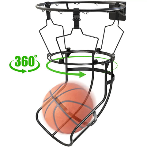 360-Degree Swivel Track Basketball Return Attachment For Home Courts With Quick-Setup Non-Slip Rebounder And Adjustable Angles For Every Shot From Free Throws To Three-Pointers Multi-Directional Practice Tool, black steel, 360° view