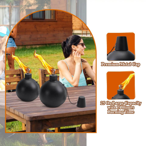 Six Pack Citronella Tabletop Torches For Outdoor Vibes, 25 Oz Metal Oil Burners With Fiberglass Wick, Weatherproof Garden Lighting