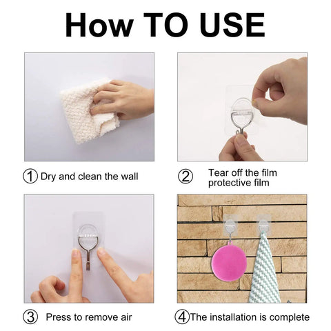 How to use Heavy Duty Adhesive Hooks Up To 11 Lbs Seamless Clear Wall Hangers Without Nails 8 Pack with step-by-step instructions.