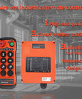 Heavy Duty Q600 Industrial Wireless Crane Remote Control Kit with six buttons, rugged nylon shell, and E-stop feature.