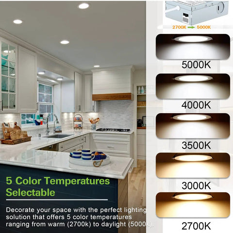 12 Pack 6 Inch Ultra Thin LED Recessed Ceiling Lights With Junction Box 5 CCT Dimmable installed in modern kitchen.