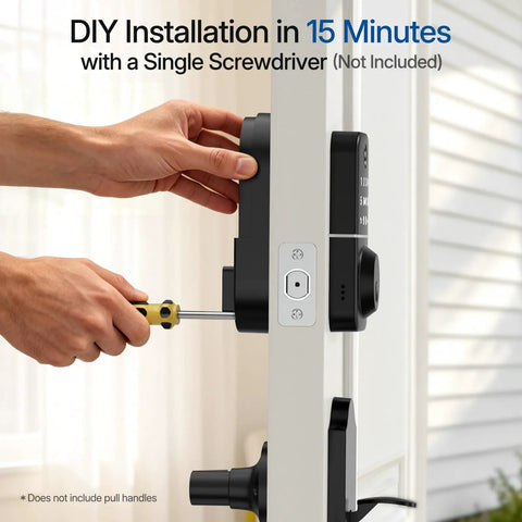 Hassle Free Smart Keyless Deadbolt With Touch Screen Fingerprint Reader And Mobile App Access installation process using screwdriver.