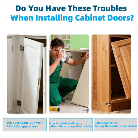 Man installing cabinet doors highlighting issues like uneven seams, with text about installation difficulties.