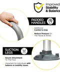 Adjustable Detachable Toilet Safety Frame With Handles showing padded grip and non-slip suction cups for stability.