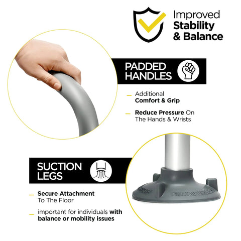 Adjustable Detachable Toilet Safety Frame With Handles showing padded grip and non-slip suction cups for stability.