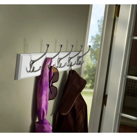 Wall Mounted Coat Rack With Five Decorative Hooks, 27 Inch, Satin Nickel And White, Holds Up To 35 Pounds, in use with scarf and coat