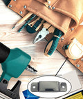 Badass Rock Solid Metal Tape Measure Holder Belt Clip And Pocket Tool Holster With Secure Rivets For Leather Aprons Contractor Pants And Denim Jeans Black showing metal clip on tool belt with measuring tape.
