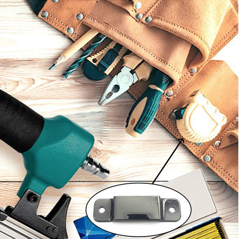 Badass Rock Solid Metal Tape Measure Holder Belt Clip And Pocket Tool Holster With Secure Rivets For Leather Aprons Contractor Pants And Denim Jeans Black showing metal clip on tool belt with measuring tape.