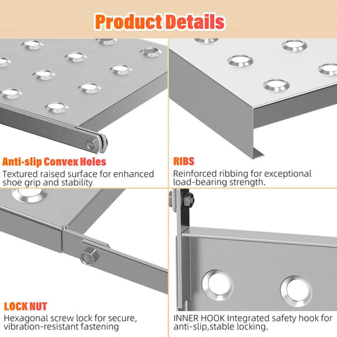 Heavy Duty Foldable Ladder Platform With Rock Solid Anti Slip Work Shelf Alloy Steel Step Attachment And Project Tray For Paint Gear Holds 400 Lbs Jobsite Ready detailed view of anti-slip convex holes and locking mechanisms.