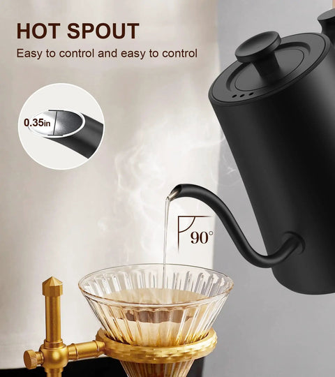 Gooseneck Electric Kettle With Precise Temperature Control And Keep Warm pouring over coffee cup with glass dripper, black design.