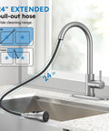 Top Shelf Kitchen Faucet With Slick Pull Down Sprayer, Single Handle Brushed Nickel, 3 Function Gooseneck Sink Tap showing 24" pull-out hose.