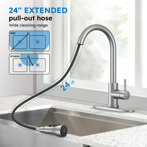 Top Shelf Kitchen Faucet With Slick Pull Down Sprayer, Single Handle Brushed Nickel, 3 Function Gooseneck Sink Tap showing 24" pull-out hose.