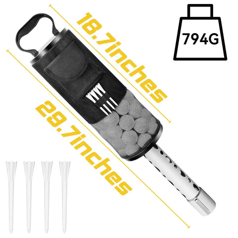 Shag Bag For Golf Balls With Detachable Aluminum Tube, dimensions and weight shown, tee holder visible, holds up to 80 balls.