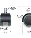 Slipstick CB680 chair caster wheels, 50mm (2 in) rubber wheels with gray/black housing, standard stem; set of 5.