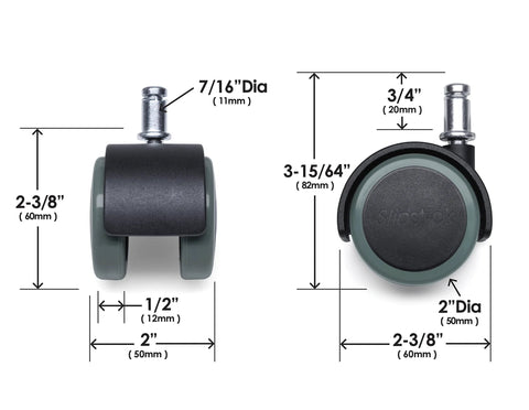 Slipstick CB680 chair caster wheels, 50mm (2 in) rubber wheels with gray/black housing, standard stem; set of 5.
